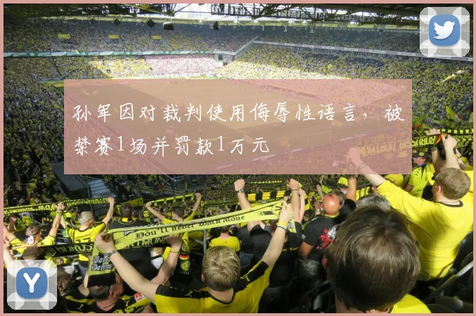 孙军因对裁判使用侮辱性语言，被禁赛1场并罚款1万元